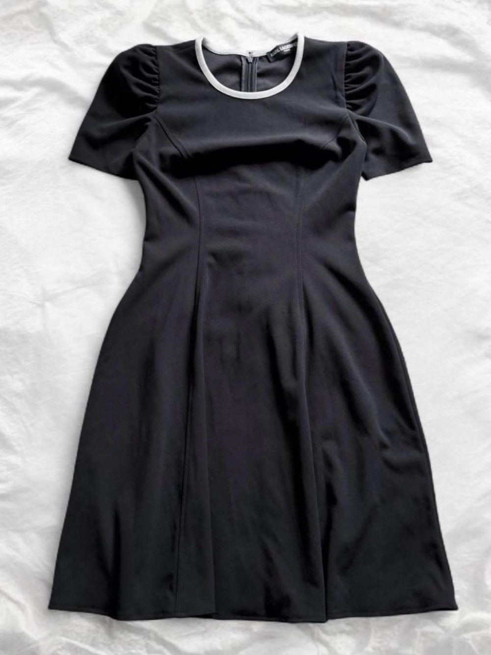 Karl Lagerfeld Paris Black/White Trim Puff Sleeve Fit & Flare Dress